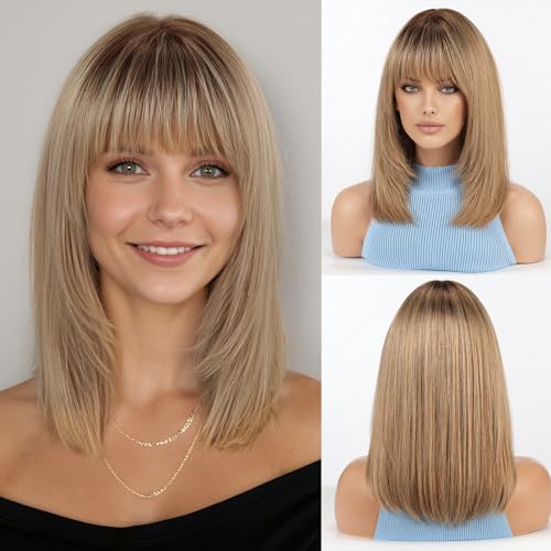 RSY 14 Inch Ombre Ash Blonde Straight and Layered Real Human Hair Wigs for Women with Bangs
