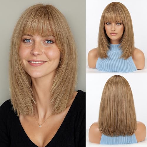RSY 14 Inch Ombre Brown mixed Blonde Straight and Layered Real Human Hair Wigs for Women with Bangs